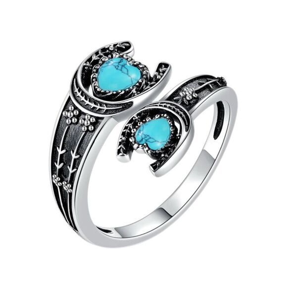 Western Horseshoe Turquoise Heart Spoon Good Luck Ring Sterling Silver - Picture 1 of 6